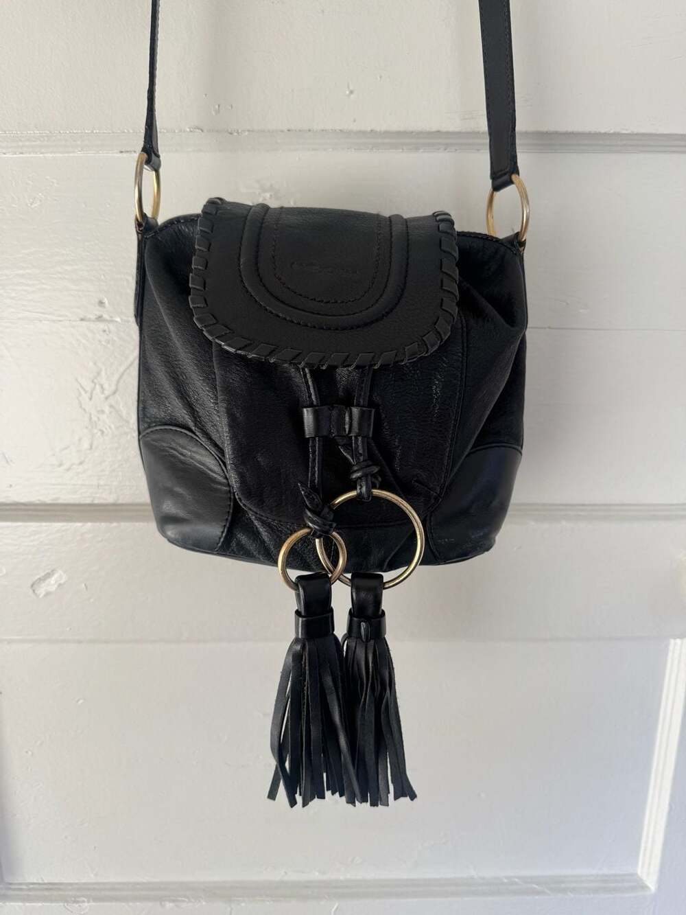 See By Chloe Black Leather Crossbody Bag with Tassels and Gold Hardware